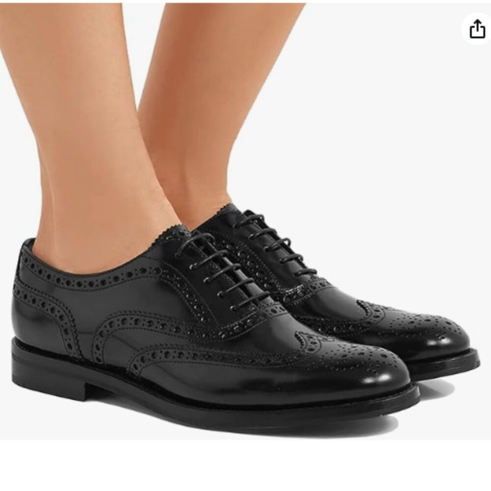 FOWT Black Women Perforated Self Tie Oxfords Cap Toe Lace Pattern Brogue Shoes